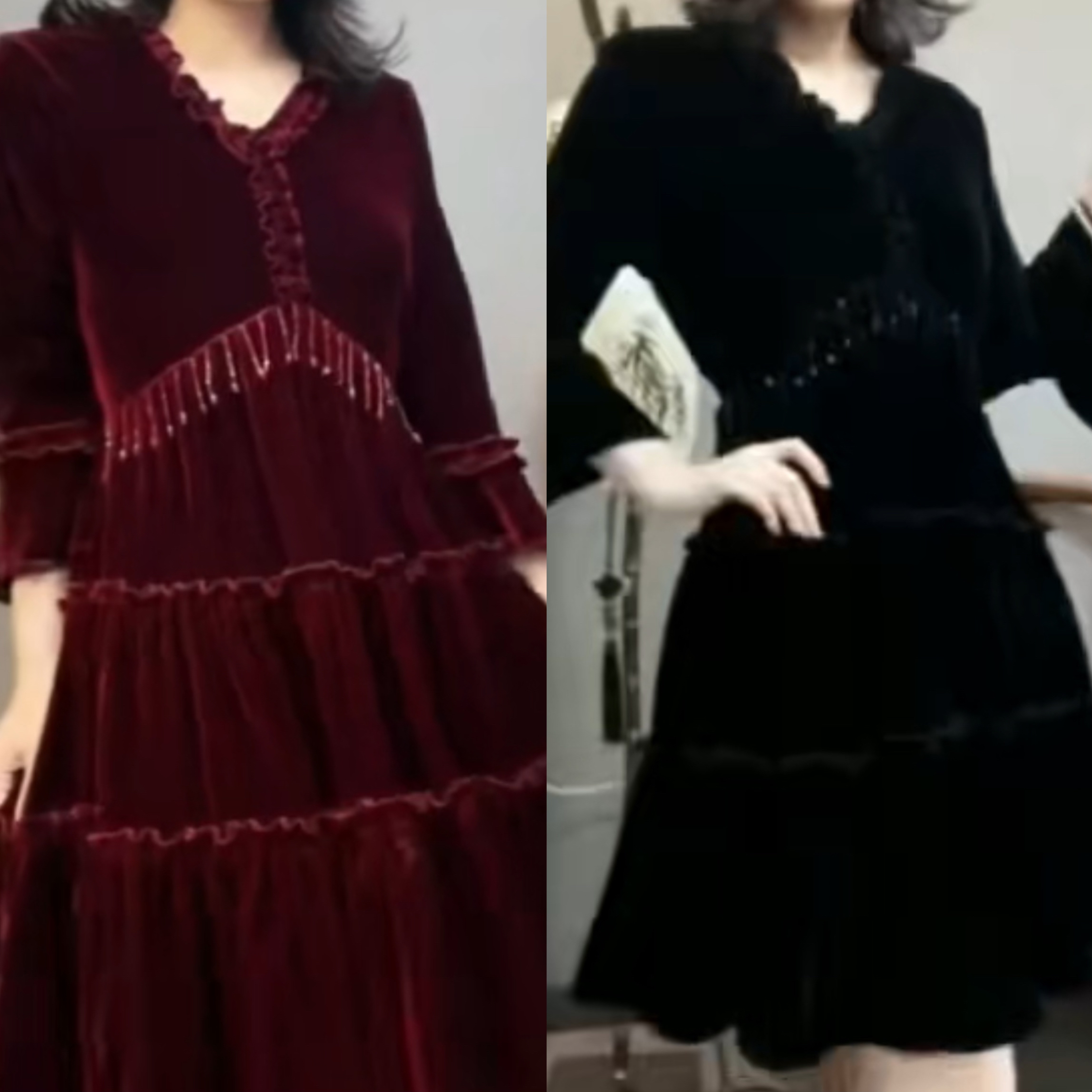 秋季新款纯色丝绒连衣裙花边领拼接钉珠设计遮肉显瘦