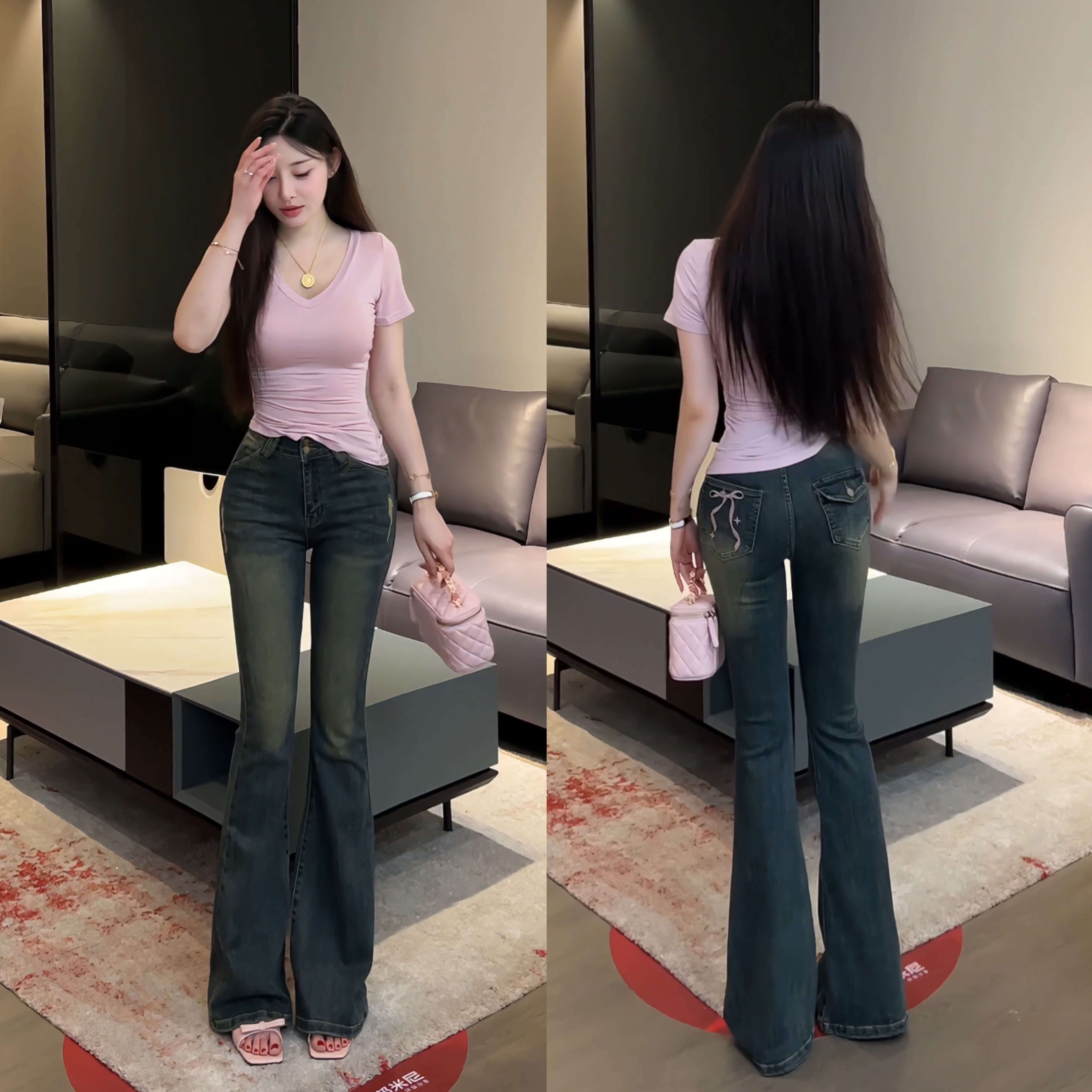 希野逸儿/复古蓝微喇牛仔裤女蝴蝶结刺绣修身提臀长裤子2025新款