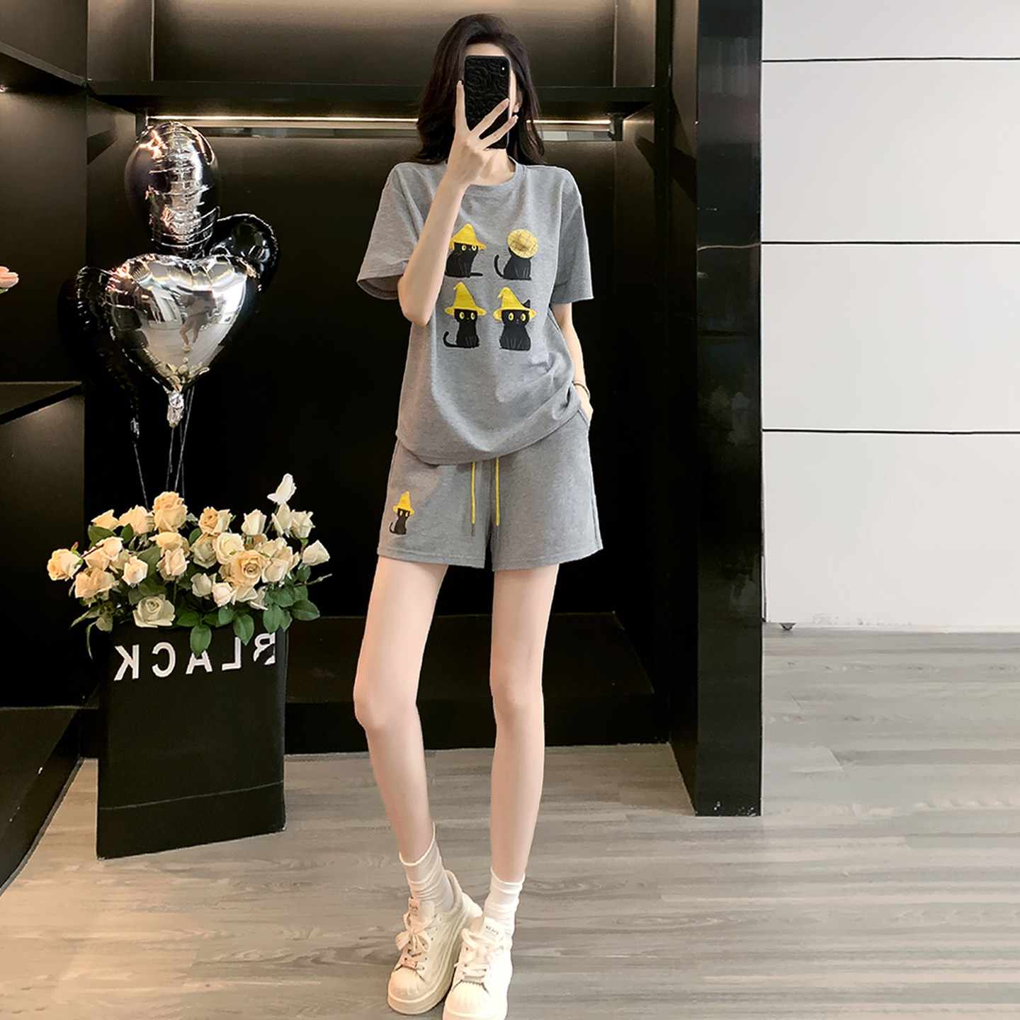 韩版2025夏季女装新款时尚休闲运动套装宽松短袖t恤短裤显瘦减龄