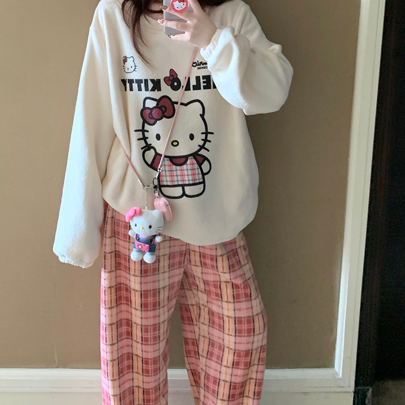 秋冬季保暖睡衣女甜美ins卡通KT猫格子米粒绒法兰搂绒套装家居服