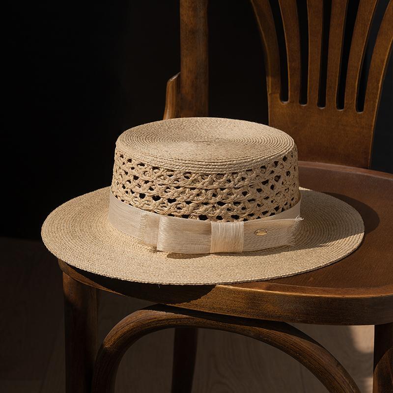 疯帽子 镂空拉菲草平顶帽 高级礼帽春夏出游遮阳草帽子新款2025
