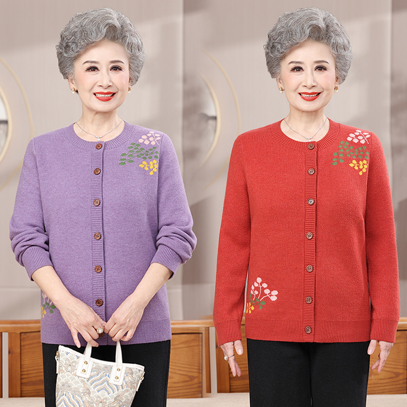 中老年人2025秋季新款长袖加绒加厚毛线外套中老年人奶奶女装
