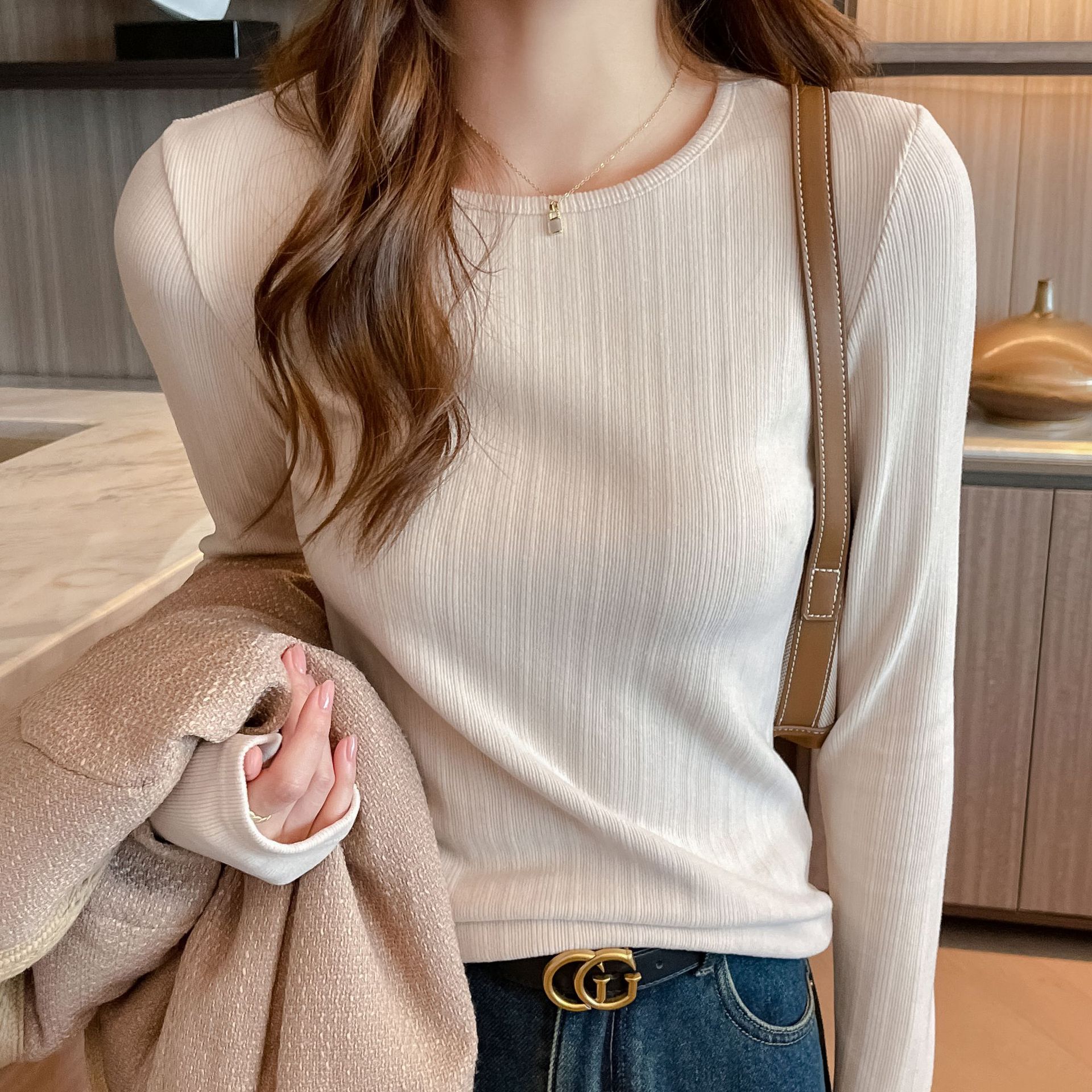 秋冬新款螺纹小圆领打底衫女士内搭可外穿百搭基础款T恤长袖上衣