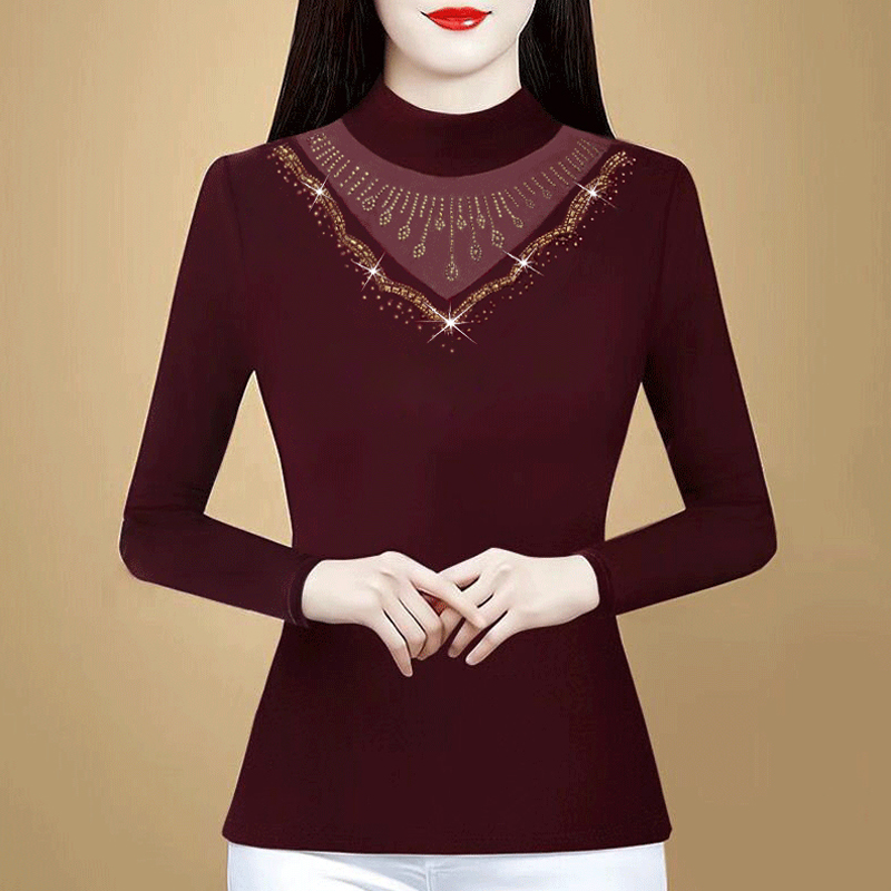 秋冬时尚妈妈装网纱烫钻打底衫新款半高领网纱保暖中老年显瘦上衣