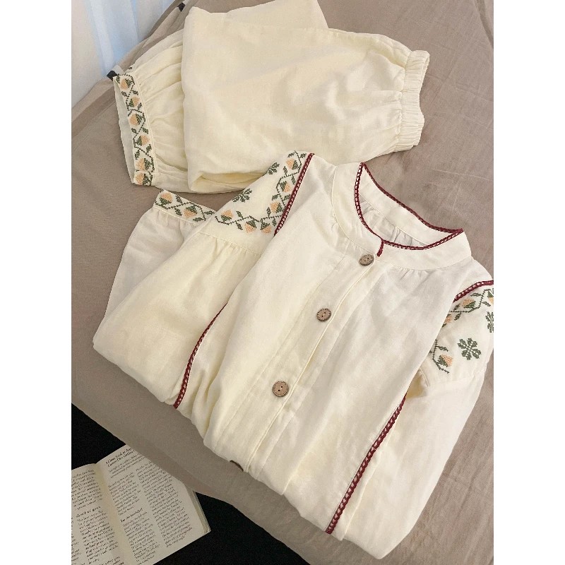 法式高级感睡衣女款春秋季休闲宽松长袖套装复古国风家居服可外穿