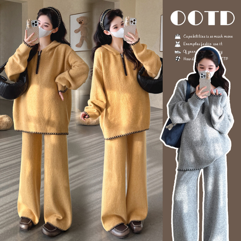 孕妇套装2026秋冬款新款气质连帽套头针织上衣阔腿裤两件套套装