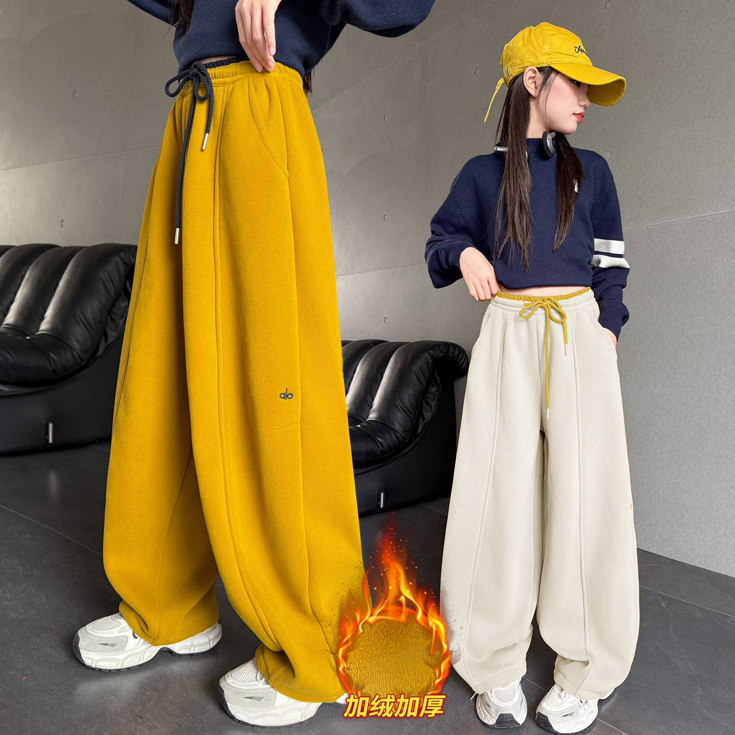 女童加绒弯刀裤秋冬季新款洋气儿童加厚一体绒裤子中大童阔腿卫裤