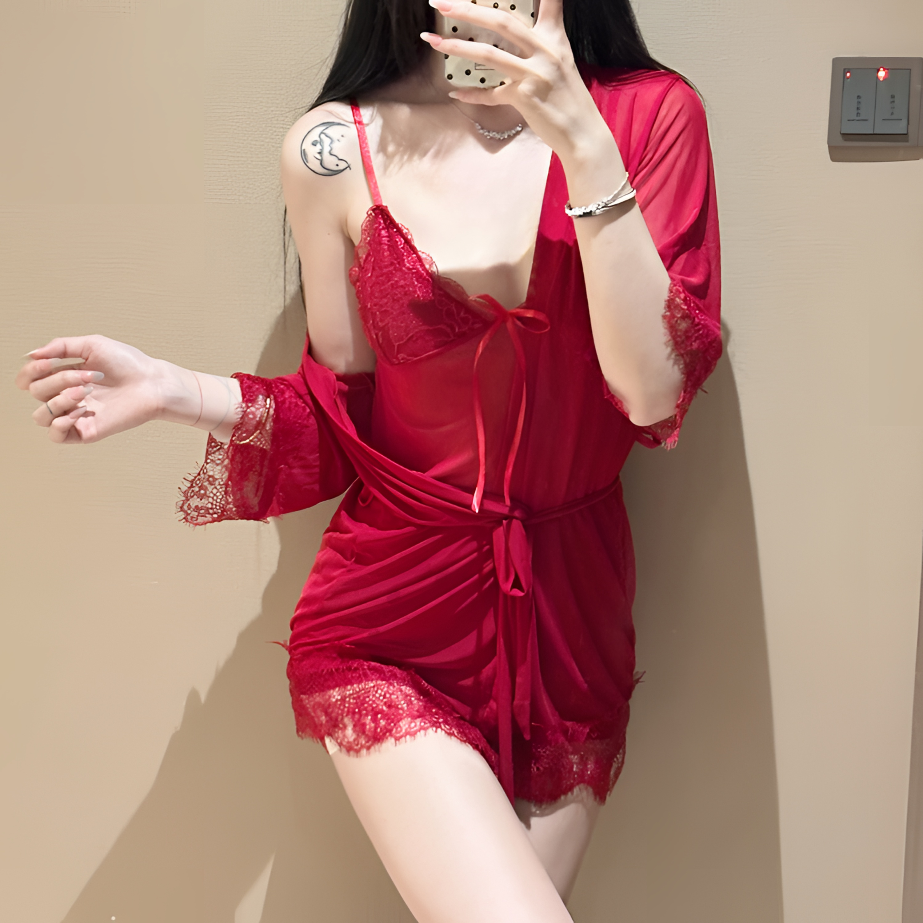 【蜜桃】大码三件套性感蕾丝花边薄纱吊带睡裙新款法式红色夏季套装