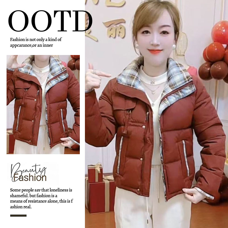 加厚时尚格子拼接棉服女2025冬季新款洋气小个子短款保暖棉袄外套