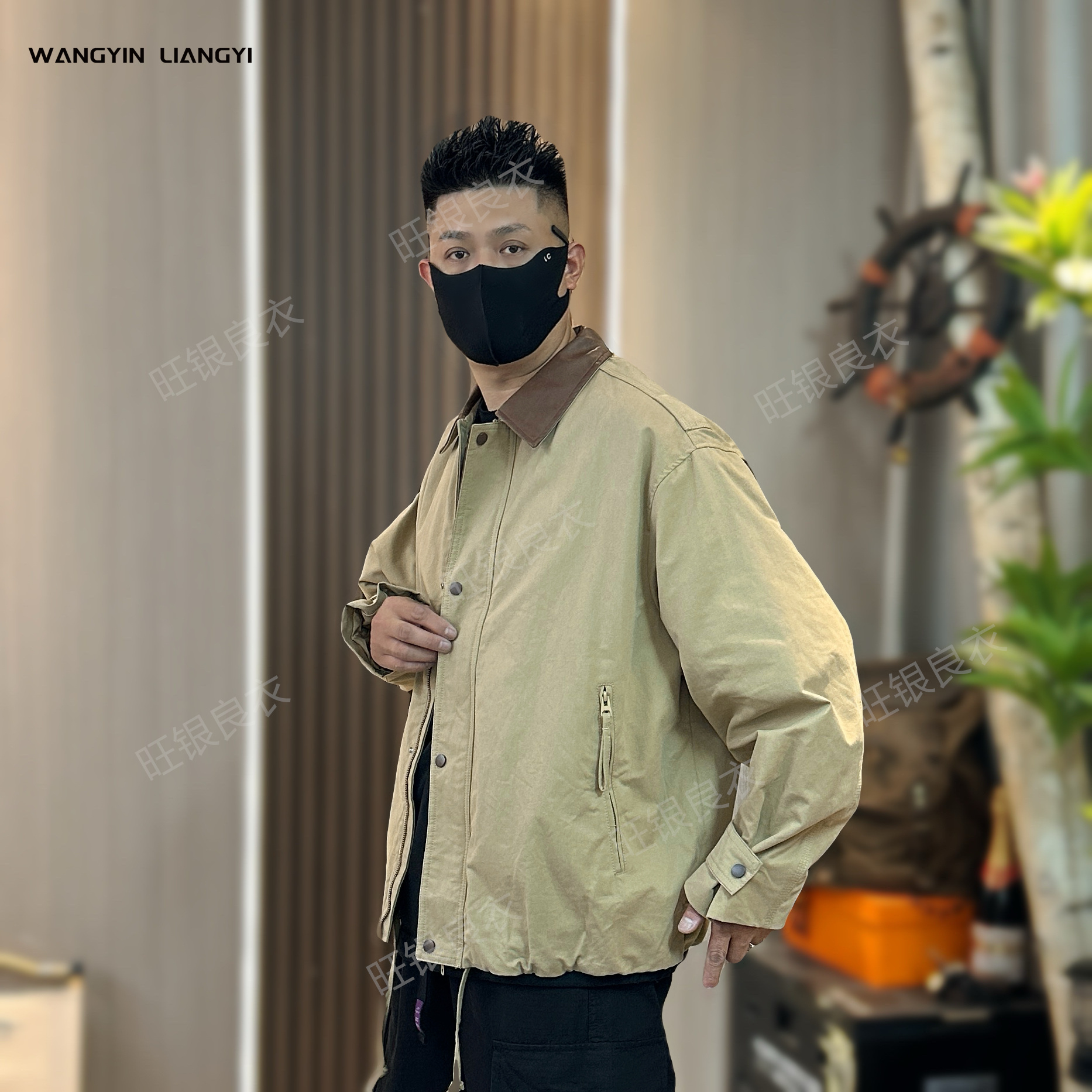 秋季男士新款美式休闲翻领复古工装拼色设计棉感痞帅夹克上衣外套