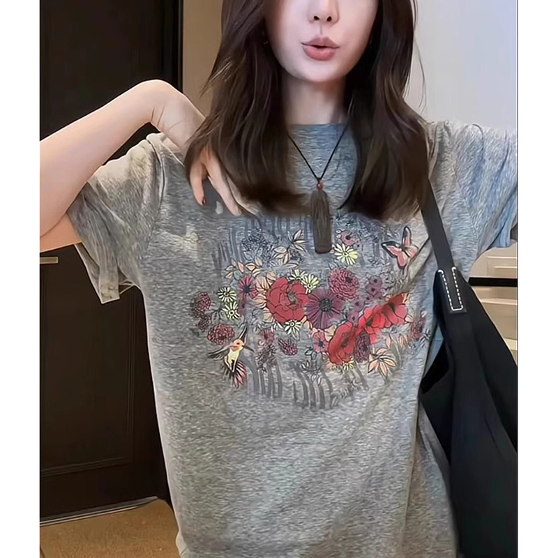 花灰色韩系chic别致上衣蝴蝶印短袖t恤女生夏季宽松休闲体恤