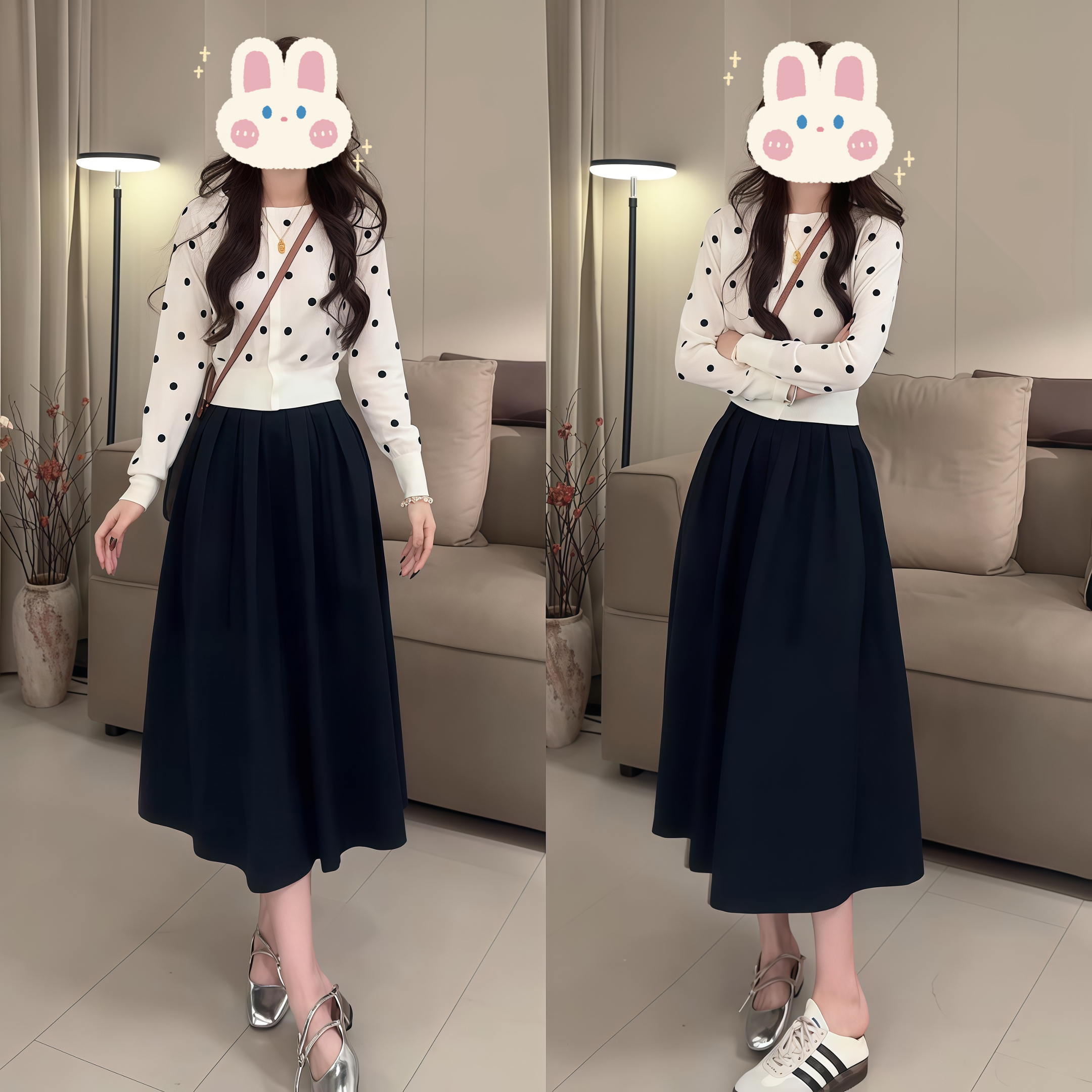 【轻奢波点】早秋新款气质提花长袖针织开衫上衣+半身裙套装BB50249