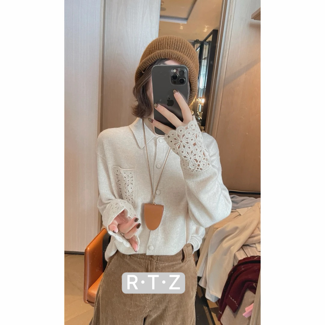 R·T·Z/【精纺羊毛蕾丝袖毛衣305g】减龄气质感钩花针织开衫衬衫女#L