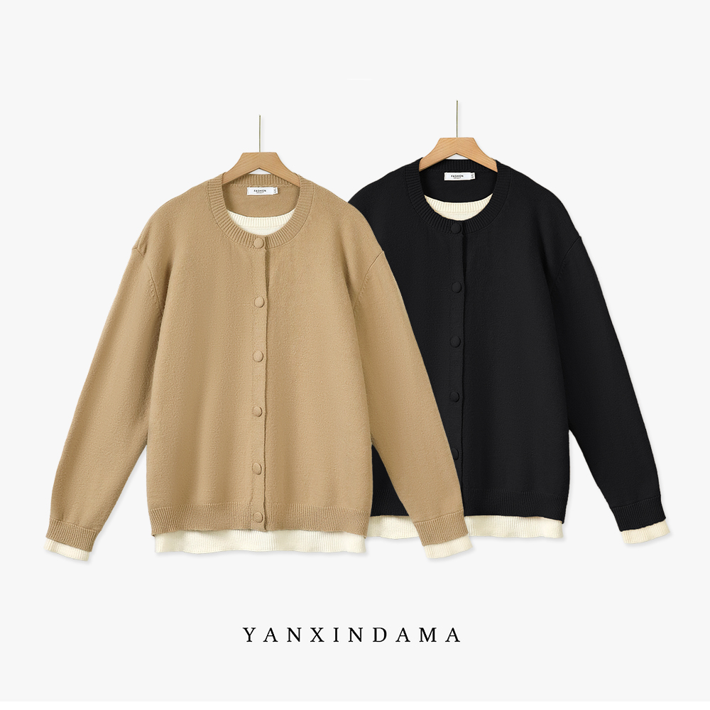 大码女装300斤胖MM时尚复古撞色假两件设计感针织衫8081