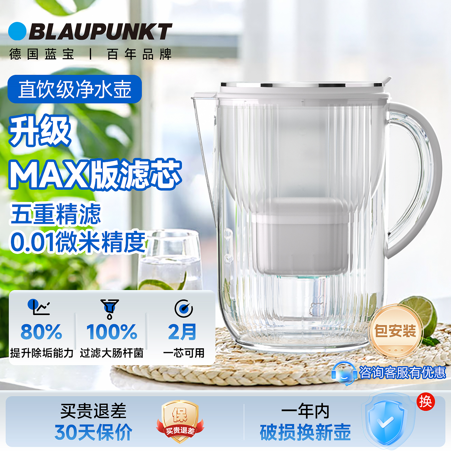Blaupunkt蓝宝3.6L容量直饮级净水壶除菌除氯除水垢净化自来水