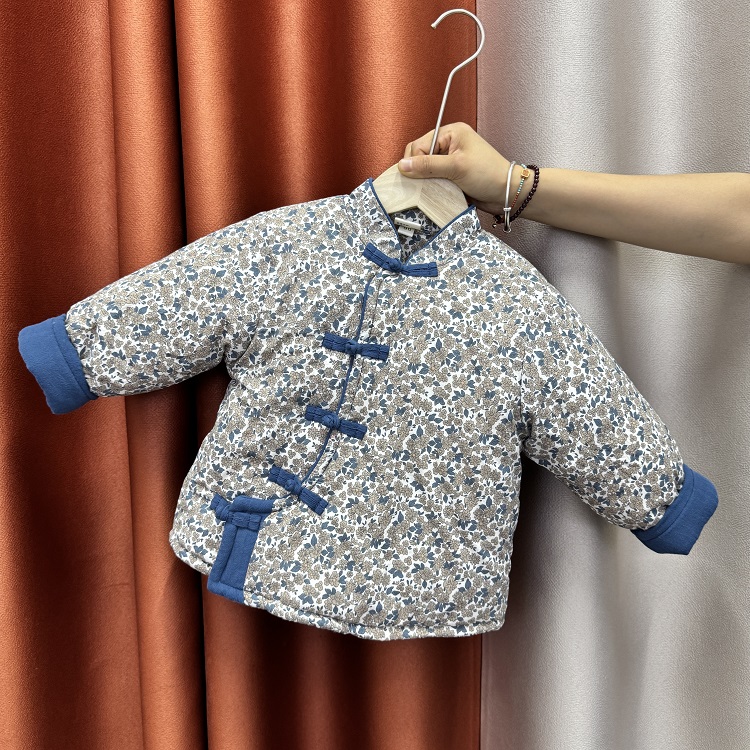 儿童纯棉花棉衣拼接撞色斜襟复古棉袄女宝宝中式碎花盘扣棉衣冬厚