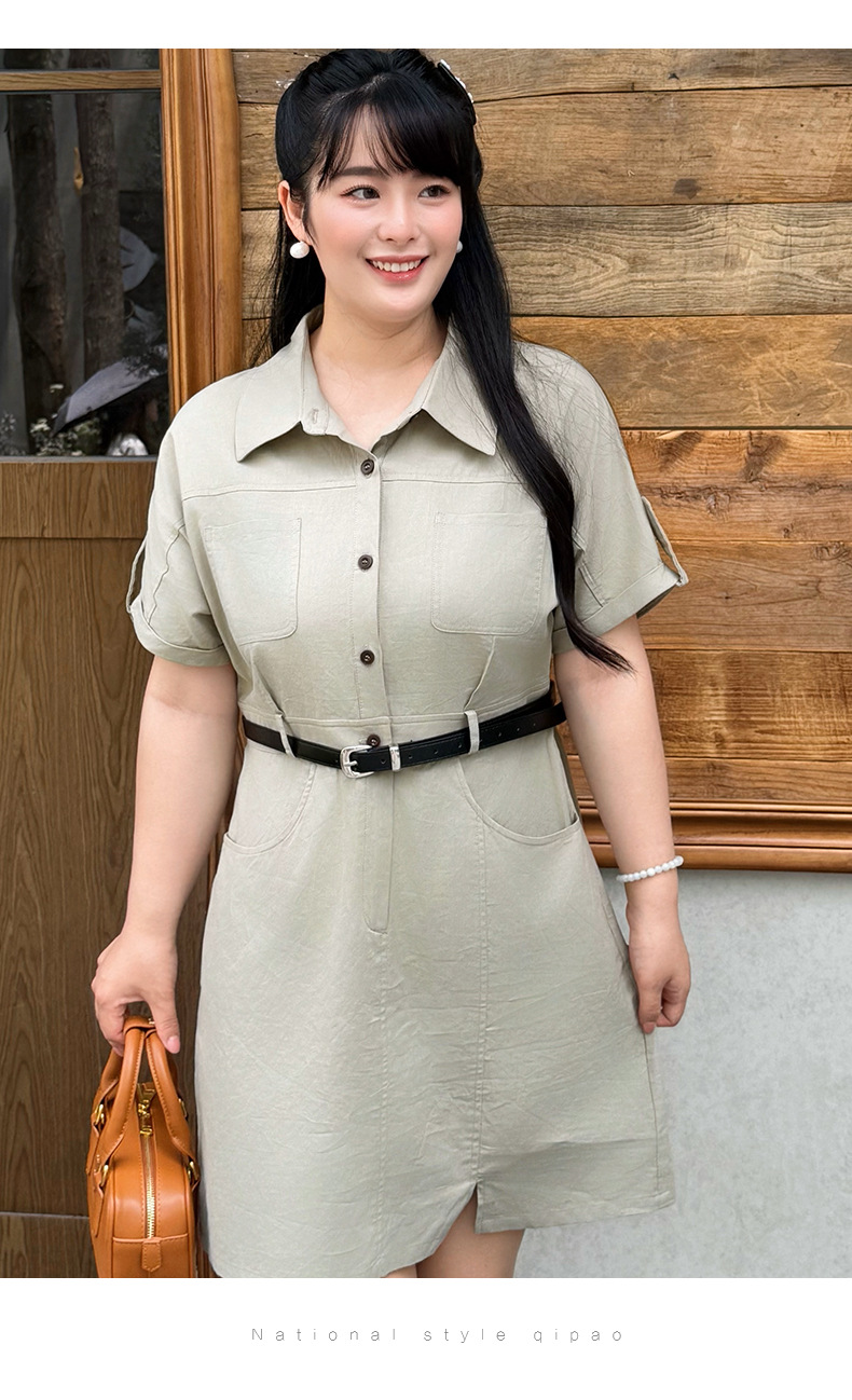 清仓现货51207女纯棉收腰工装裙复古款休闲风翻领简约大码连衣