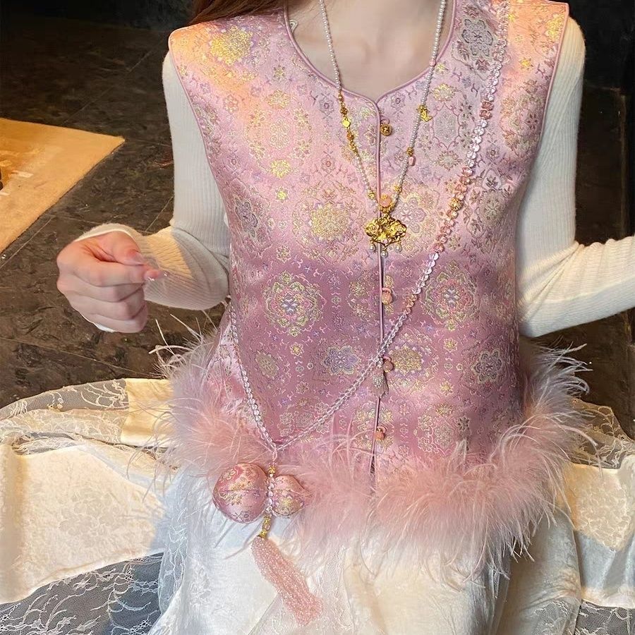 【粉金宝相】新中式国风驼鸟毛马甲早秋重工无袖提花圆领上衣秋冬