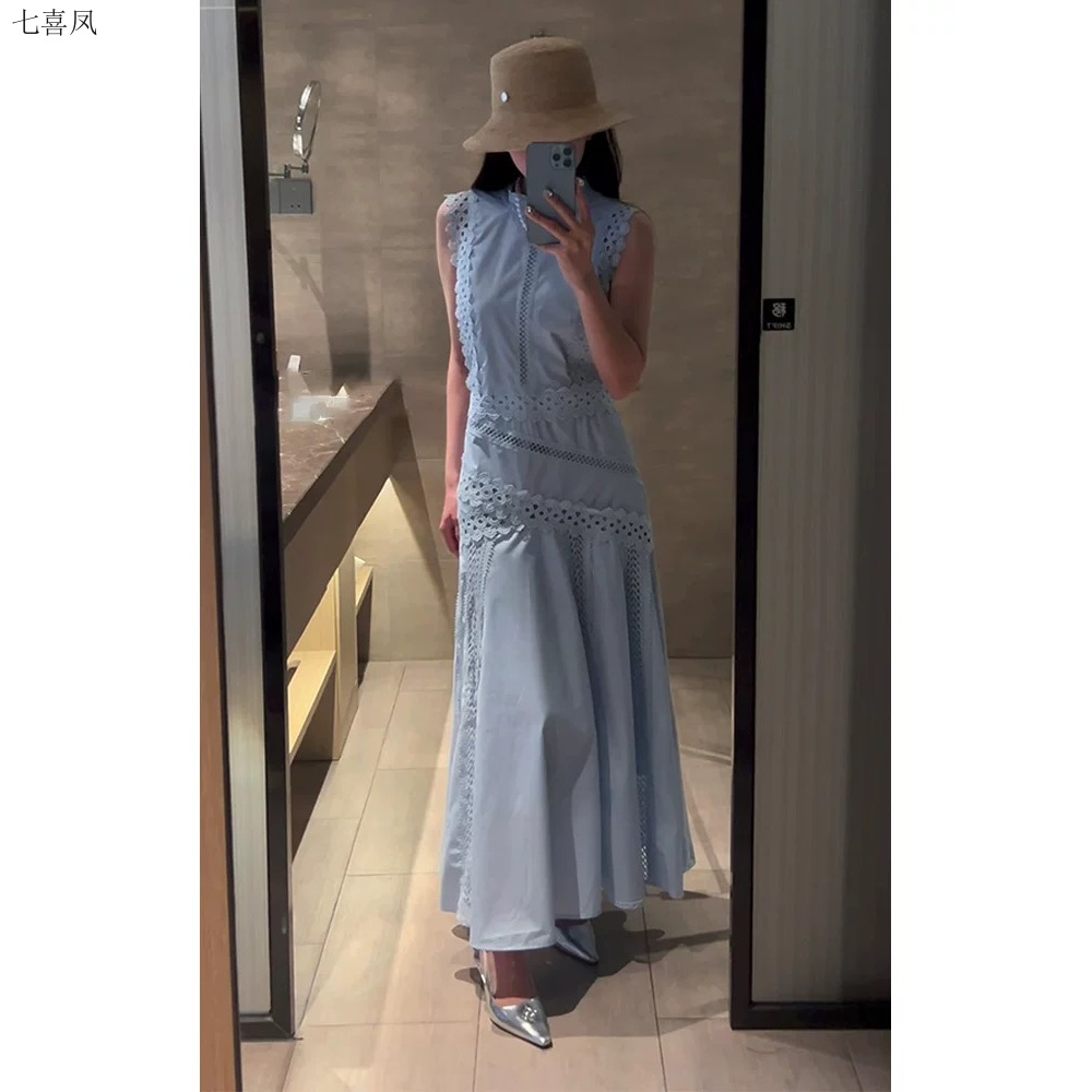 夏新款时尚韩版蓝色拼接连衣裙无袖长裙漂亮独特通勤女装