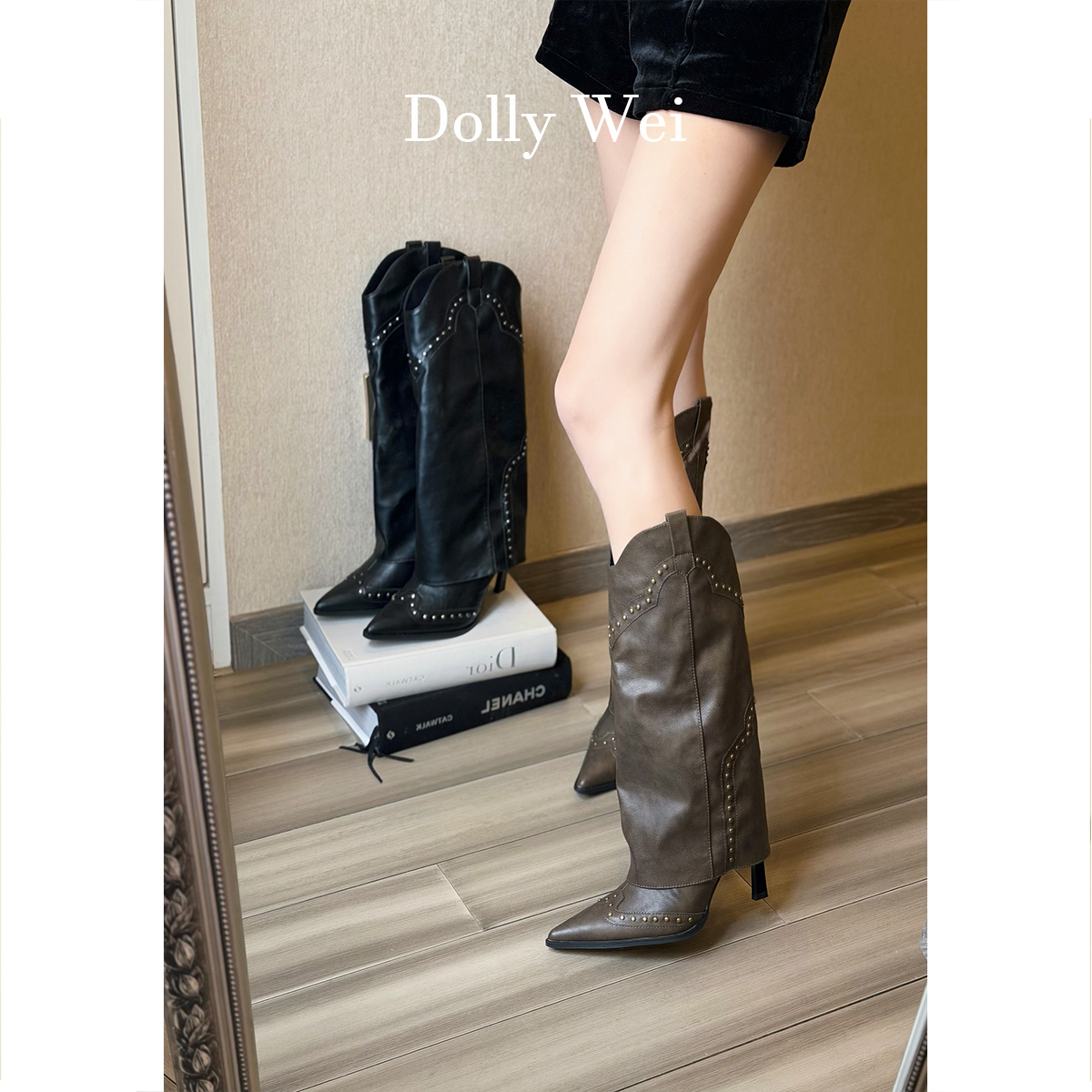 【Dolly Wei】尖头细跟长筒靴复古高跟裤管靴小众百搭高筒时装靴女