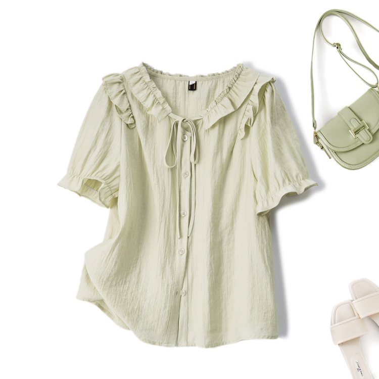 2025夏装大码女装甜美减龄法式短袖衬衫系带木耳边气质上衣64226