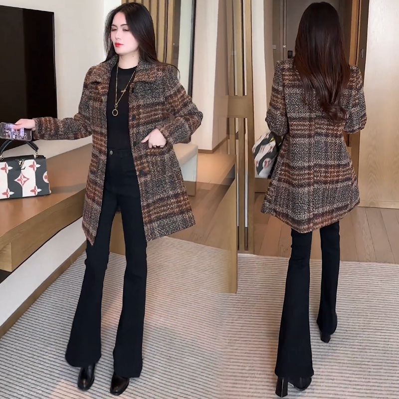 拉夏贝尔时尚外套2025秋冬新款洋气显瘦千鸟格中长款气质大衣