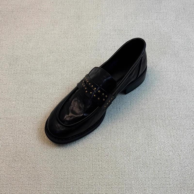 乐福皮鞋真皮羊皮百搭浅口圆头粗跟休闲一脚蹬阔腿裤必备鞋