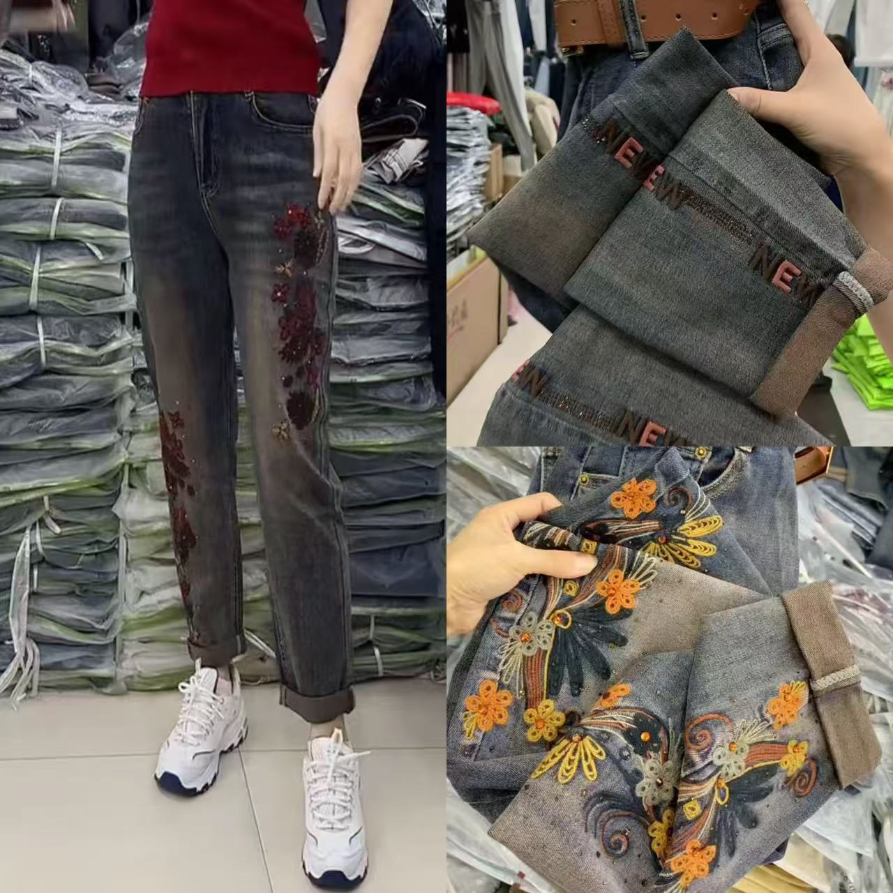 5373新款高腰弹力重工刺绣烫钻复古显瘦牛仔裤