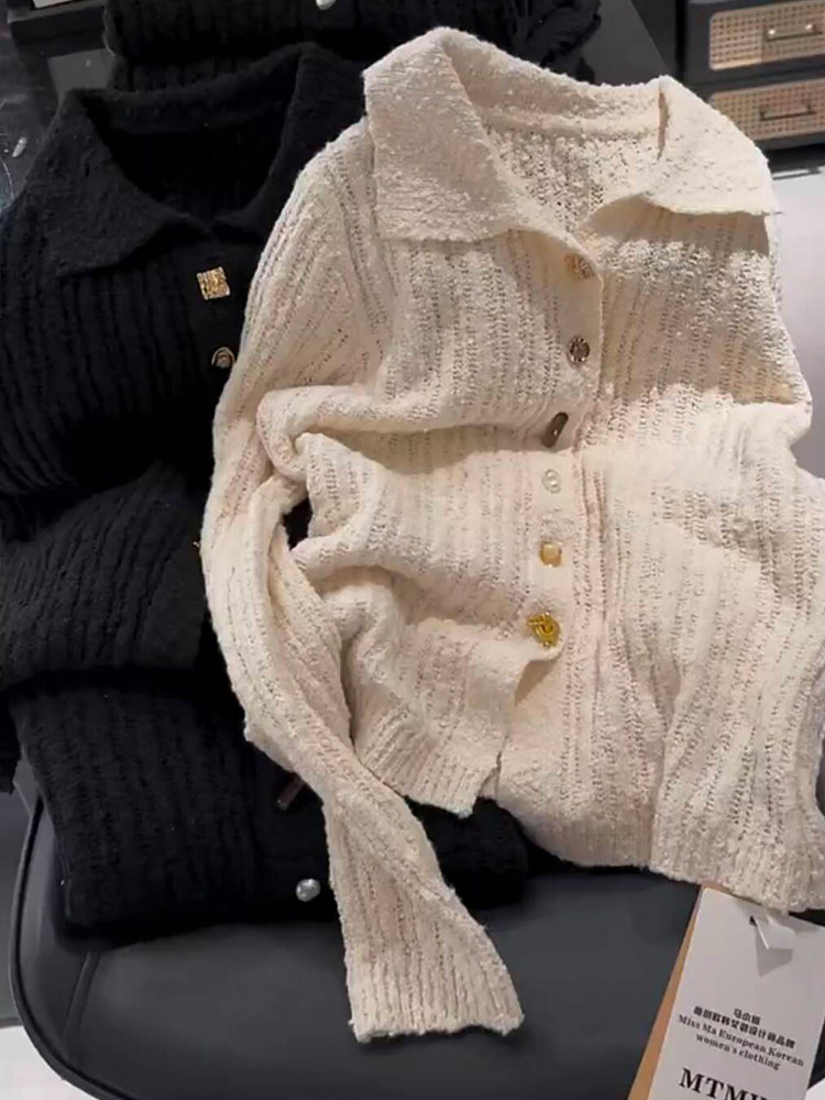 欧洲站2026春季新款时髦洋气简约休闲风韩系长袖翻领针织开衫毛衣