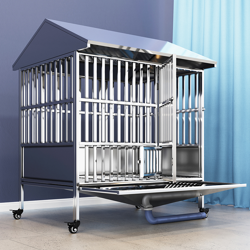 不锈钢带屋顶冲水狗笼子清理防溅家用带漏斗直通下水养宠装备