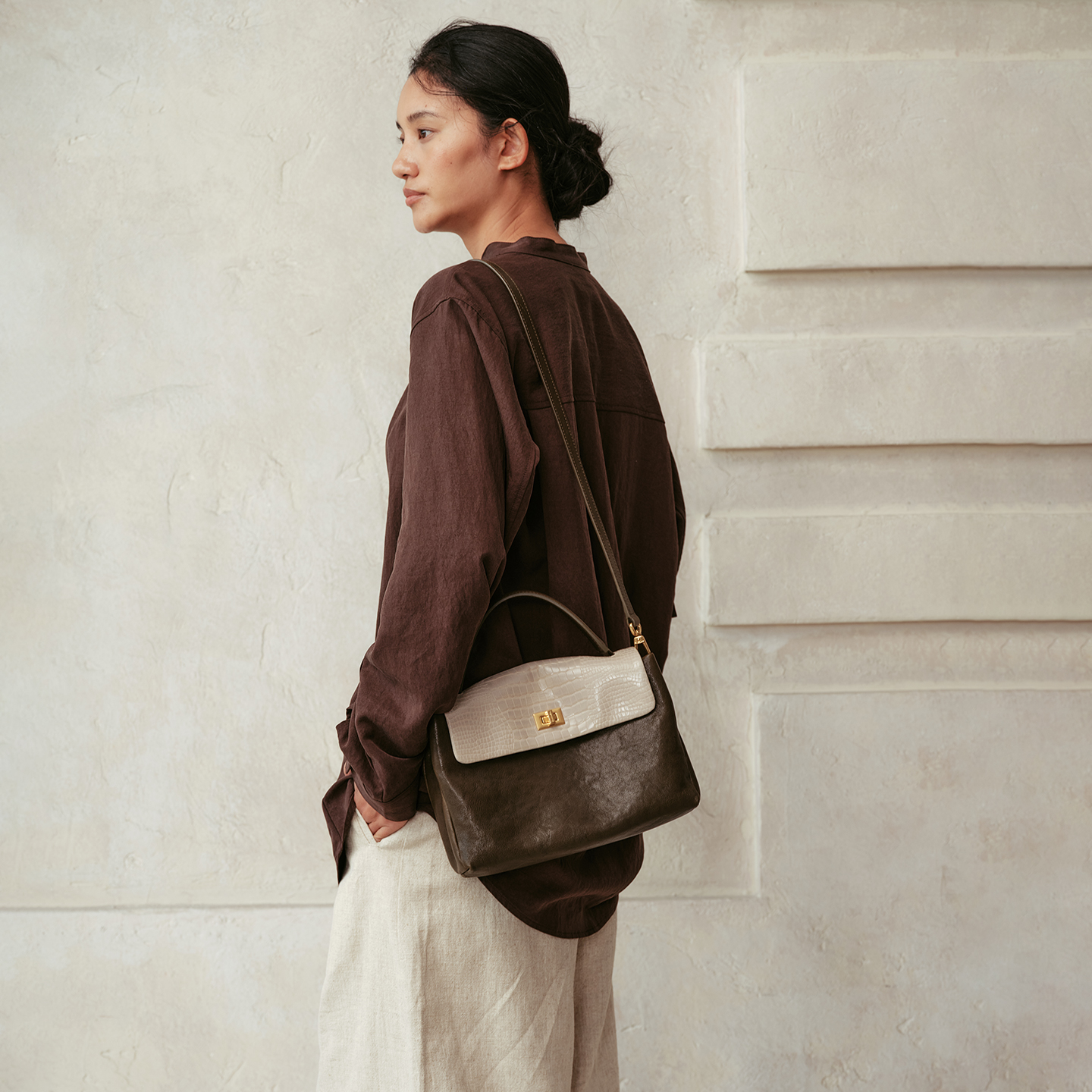 【黄奕同款】AVALEA葳里 头层植鞣拼鳄鱼纹牛皮单肩女包升级款大号