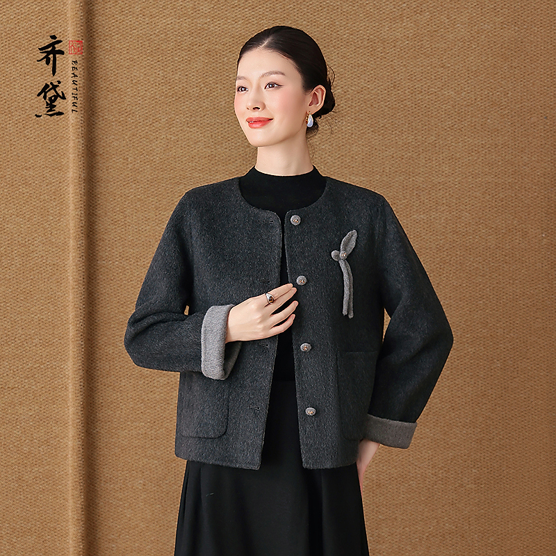 齐黛品牌大衣双面羊绒女2025冬新款加厚减龄妈妈短款羊毛呢子外套