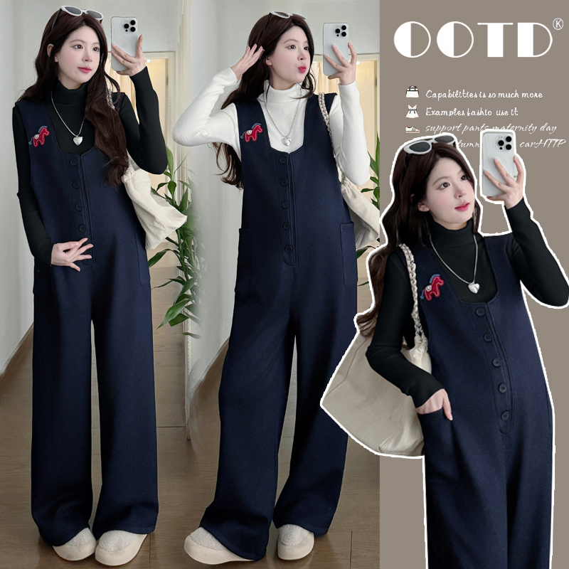 孕妇背带裤加绒加厚秋冬装时尚小马孕妇装秋冬季套装连体裤两件套