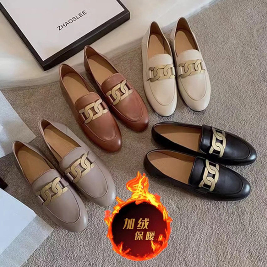 有加绒新款真皮乐福鞋一脚蹬新款复古英伦风小皮鞋平底棉鞋女单鞋