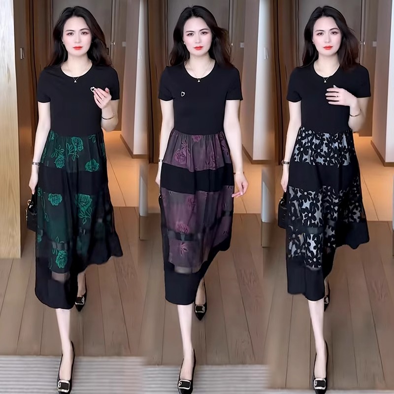 时尚连衣裙女2025夏季新款洋气质宽松显瘦网纱拼接碎花中长款裙子