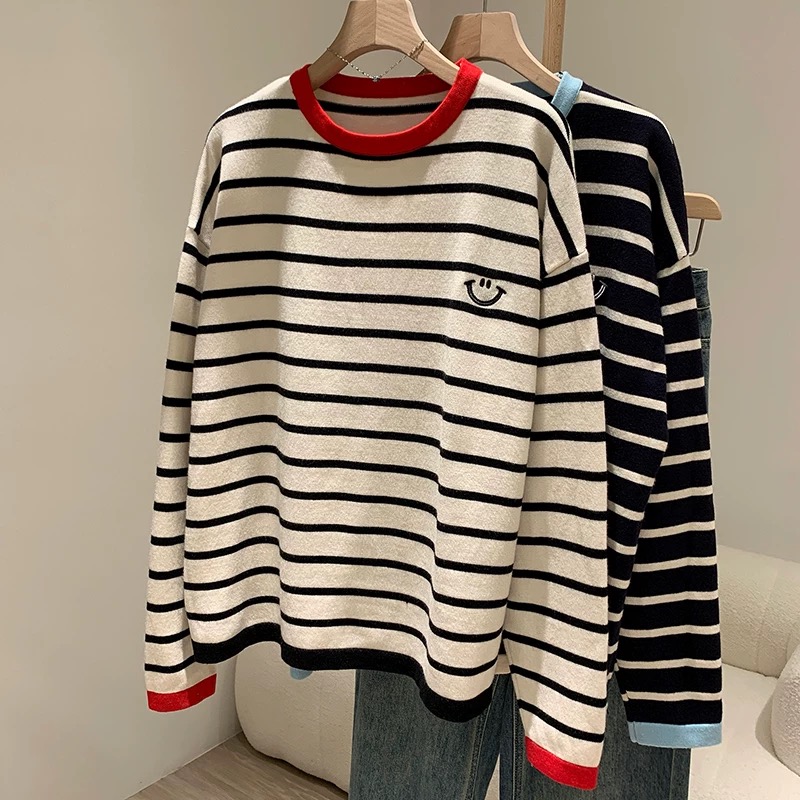 女童2025秋季撞色笑脸条纹长袖中大童打底衫新款刺绣T恤宽松上衣