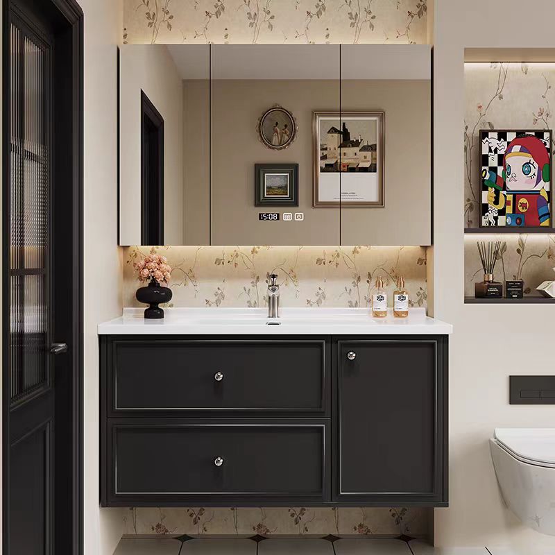 橡木烤漆法式复古浴室柜组合岩板陶瓷一体盆洗手池洗脸洗漱台