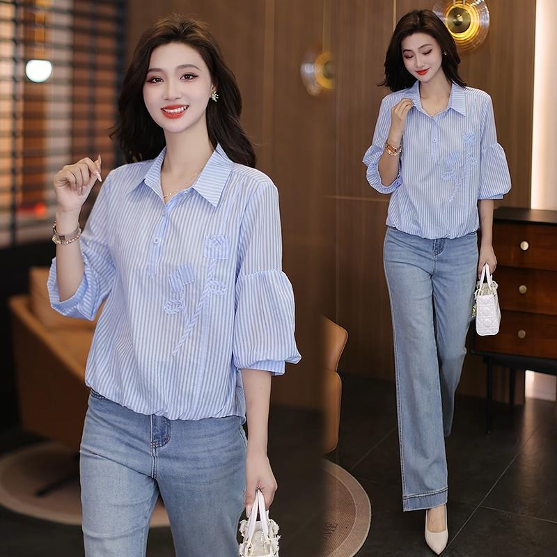 暗条纹衬衫女五分半袖上衣2025夏季新款时尚洋气显瘦遮肚宽松衬衣