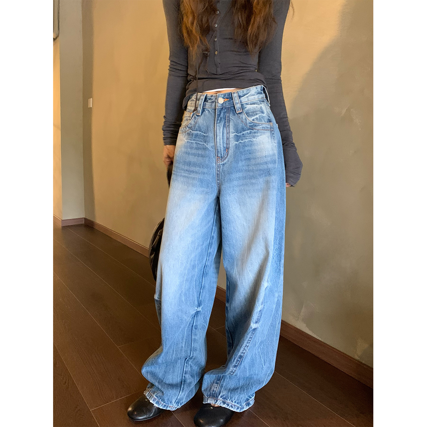 留下 1992 早秋新品重工水洗浅蓝香蕉裤宽松百搭阔腿裤休闲牛仔裤