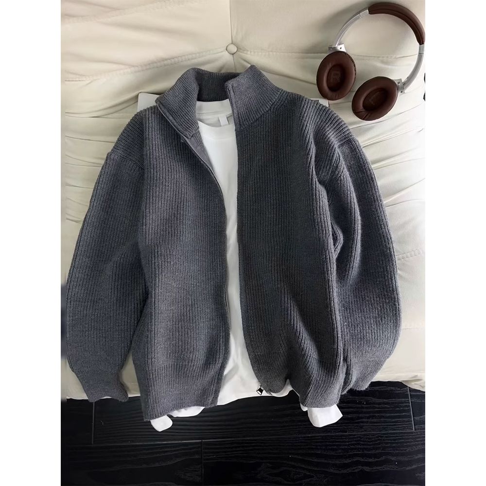 cleanfit立领双拉链夹克男秋冬美式复古加厚毛衣青少年开衫针织衫