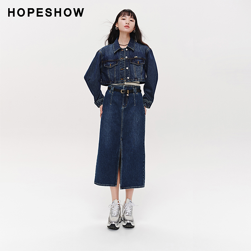 红袖春季2025新款女装 前开叉直筒牛仔半身裙89124091508