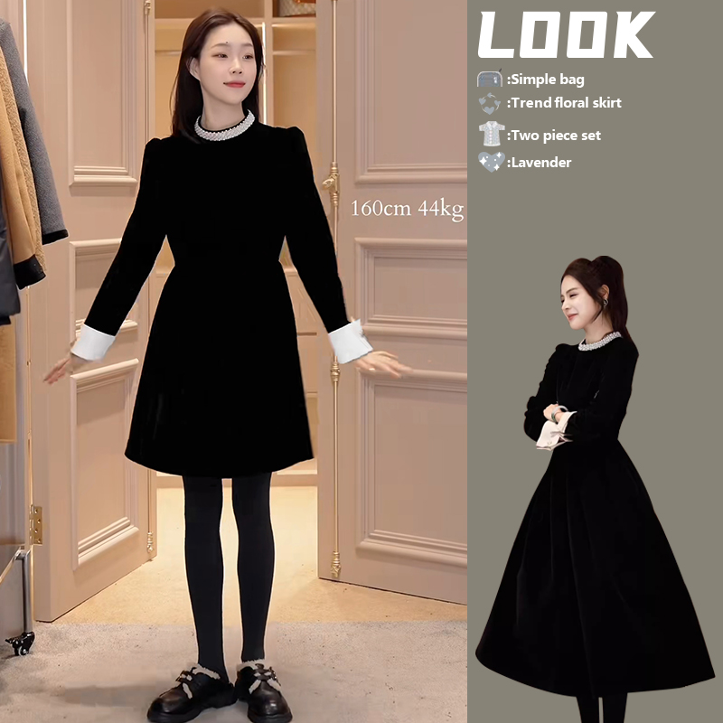 2025早春新款赫本风气质短款连衣裙女时尚洋气收腰显瘦中长款长裙