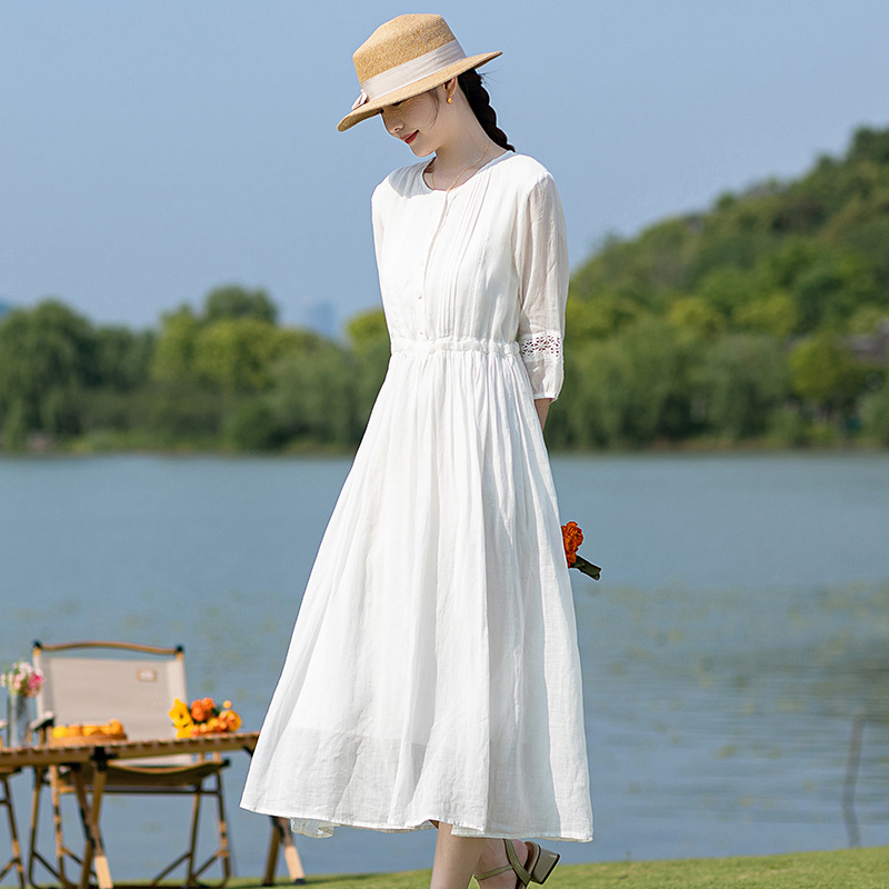 高端苎麻白色连衣裙2025新款女装春夏洋气收腰显瘦时尚棉麻长裙子