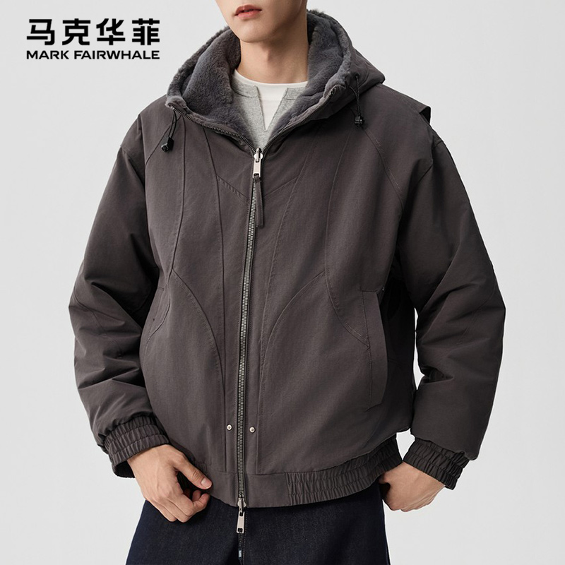 马克华菲男士外套秋冬款美式双面穿水洗帆布加绒加厚保暖连帽棉衣