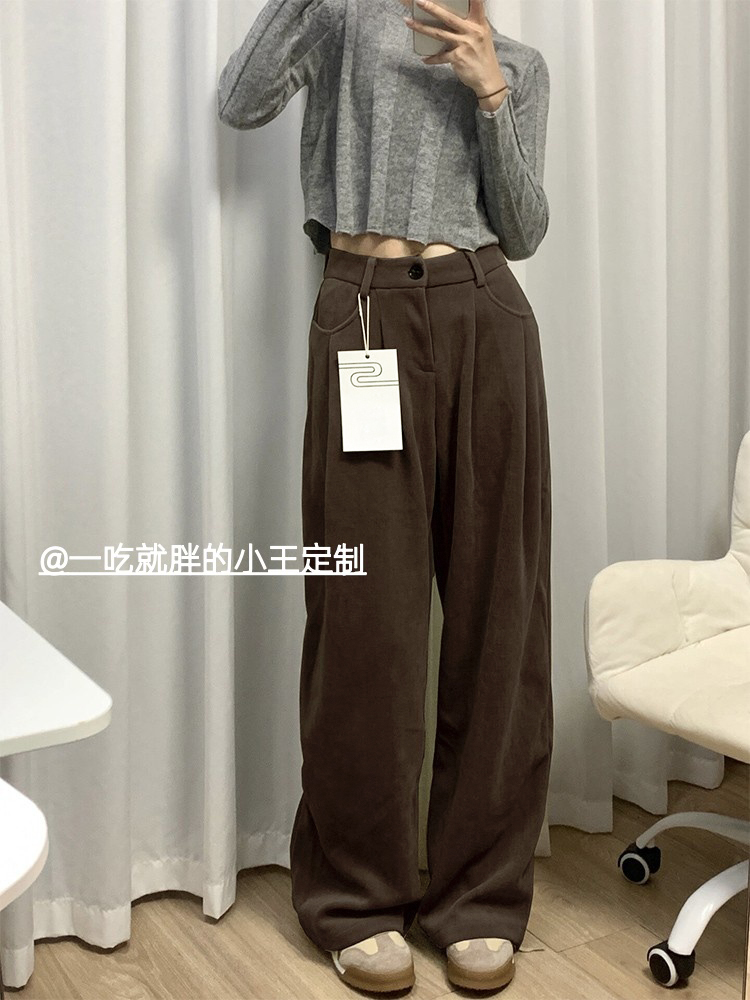 美拉德棕色加绒裤子女秋冬大码胖妹妹mm灯芯绒直筒休闲窄版阔腿裤