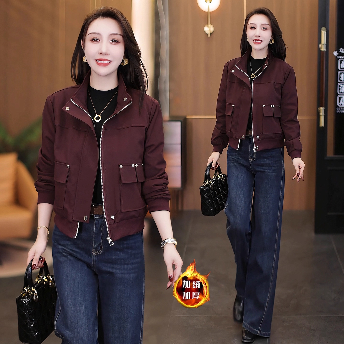 时尚加绒加厚短外套女2025秋冬新款时髦洋气保暖小个子短款夹克潮