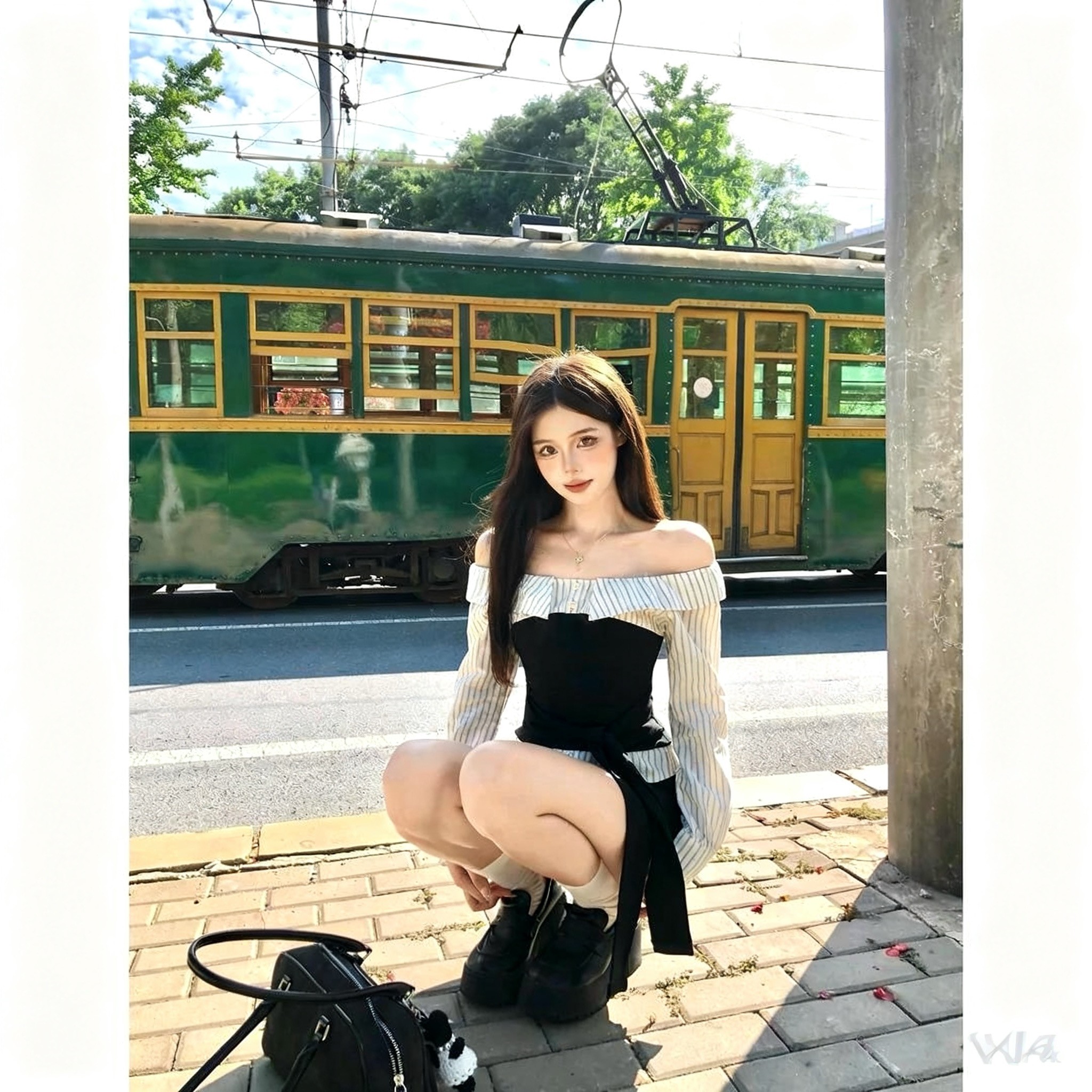 新款早秋拼接设计感性感百搭长袖条纹一字肩上衣黑色半裙两件套女