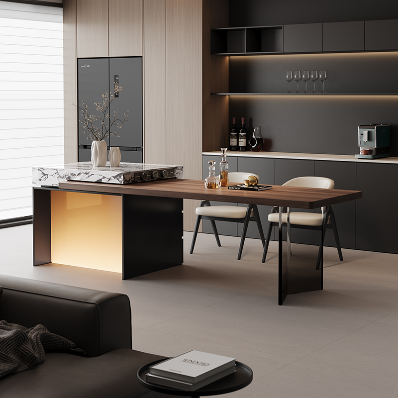 伊舟意式风渐变发光岛台餐桌一体可伸缩家用客厅岩板餐桌