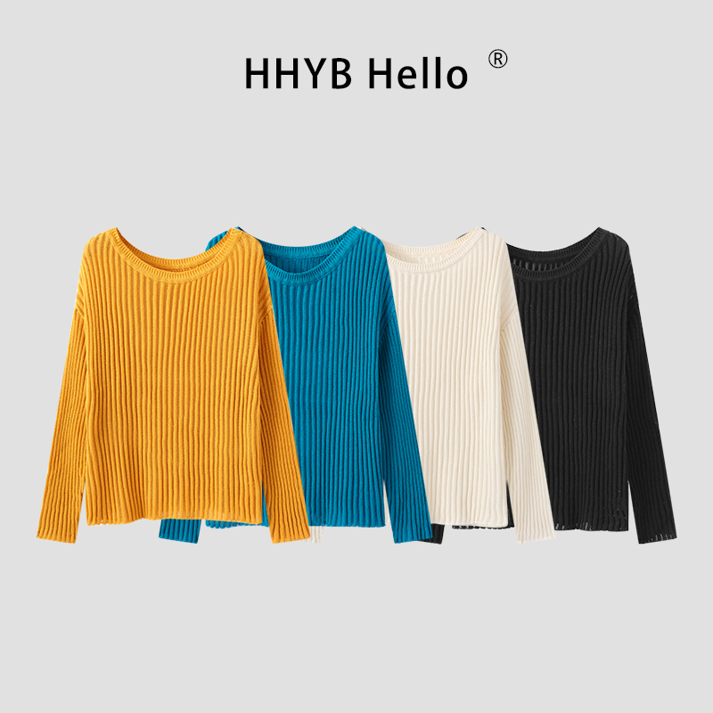 HHYB Hello2025新款坑条微透宽松镂空针织衫女百搭简约上衣M1092
