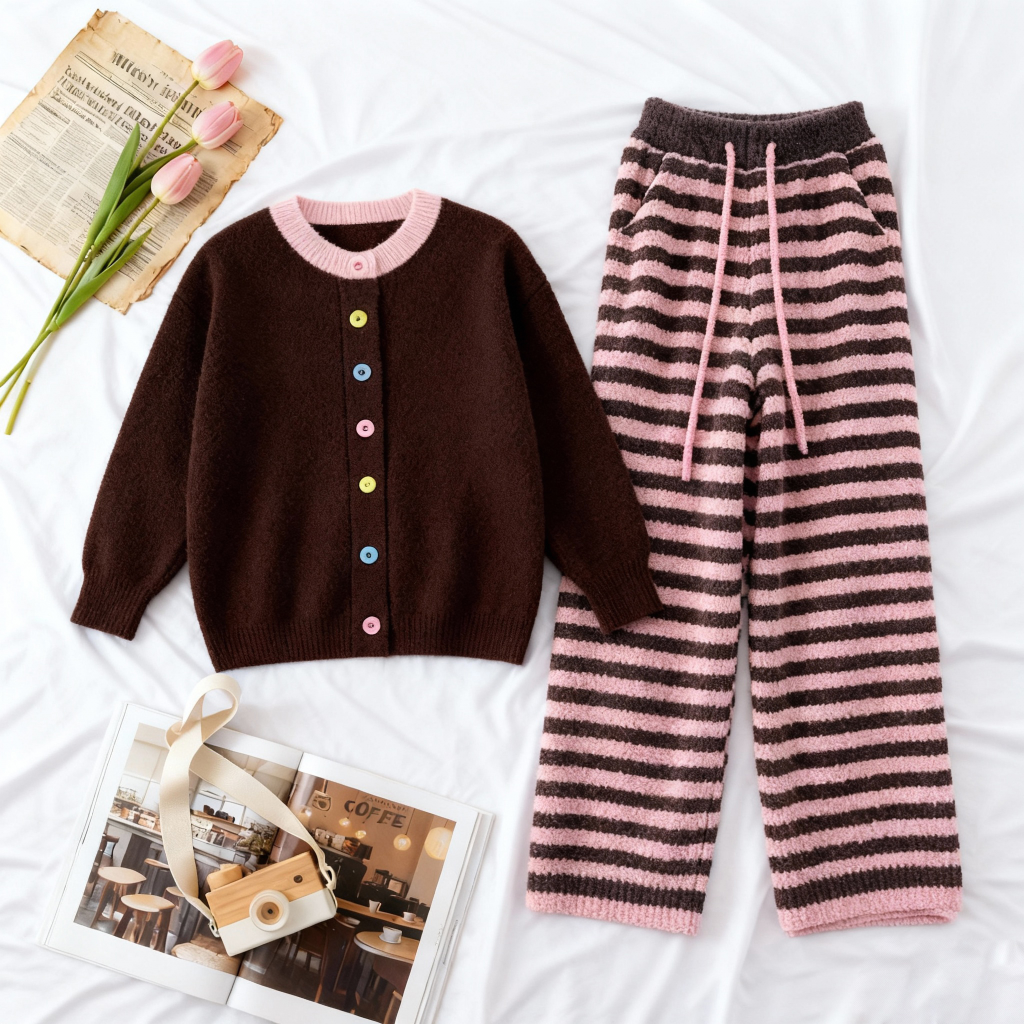 （正版）可可粉半边绒开衫睡衣抗静电家居服睡衣秋冬冬季居家服加绒